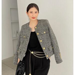 Wool Black & White Tweed Cropped Women's Jacket with Gold Buttons